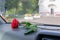 A red rose flower lies on the dashboard inside the car