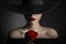 Red Rose Flower Woman Lips and Black Hat, Fashion Model Beauty