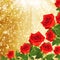 Red rose with green leaves on the gold background