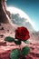 Red rose growing in outer space. Generative AI.
