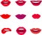 Red and rose kissing and smiling cartoon lips decorative icons for party presentation vector illustration