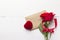 Red rose, love message, casket with a ring