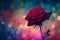 A red rose in a mystical setting, with a background that is a dreamlike blur of ethereal colors.