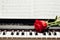 Red rose on piano keys and music book