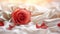 Red rose on the silk bedsheet. Happy Valentine\\\'s Day greeting card concept.