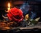 Red rose on a table with flames in the background.