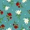 Red Rose and White Lily Flower Christmas Green Teal Background. Vector Illustration