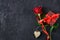 Red rose, wooden heart and gift box. Valentines day concept