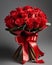 red roses bouquet with a bow in black background