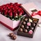 red roses bouquet in a gift box. Valentines day present. Sweet chocolates, ribbon and bow