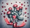 Red roses bouquet with ribbon and hearts on gray desktop background, top view. Mock up for Valentines day, dating , love greeting