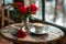 red roses and coffee cup on the tabel in old retro cafe. brown and gray colors