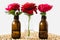 Red roses in glass vases on a wicker napkin on white background