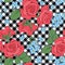 Red roses and myosotis flowers on black and white gingham, chequered background. Seamless pattern. Vector illustartion