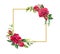Red roses, square golden border. Watercolor frame with flowers, wild grass and gold