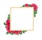 Red roses, square golden frame. Watercolor card with flowers and wreath