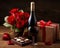 red roses wine bottle with glass and chocolate box.