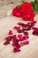 Red roses on wooden background.