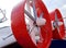 Red round propeller airplane closeup detail