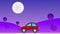 Red round shaped car passing by a beautiful purple landscape at night animation motion graphics