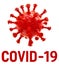 Red round virus cell dangerous Chinese pathogen respiratory flu coronavirus COVID-19 with drops of blood on white background. Crea