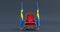 Red royal chair on a dark background betwin two flags, Sweden flag state symbol, flag of Sweden hanging on a flag pole