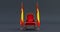 Red royal chair on a dark background betwin two flags, Sweden flag state symbol, flag of Sweden hanging on a flag pole