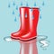 Red rubber boots with rain drops and splash