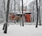 The red rural house among snow-covered trees and bushes.