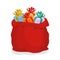 Red Sack Santa Claus with gifts. Holiday outdoor gift bag with b