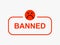 Red sad smiley banned. Deleting user from social network account warning about blocking online content.