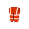 Red safety vest with reflective details, perspective isometric view. Construction worker jacket 3D vector mockup.