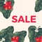 Red sale sign on promo poster with leaves and flowers