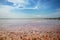 Red saline lake under blue cloudy sky