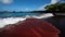 a red sand beach with waves coming in and out of the water