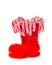 Red Santa Claus boots with colored sweet lollipops, candies, shoes with Merry Christmas yellow sparkly write. Saint Nicholas boots