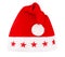 Red Santa Claus hat with fur pom pom & stars white background isolated closeup, Father Frost cap, traditional Christmas accessory