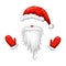 red santa hat, beard and mittens isolated on white background. Vector illustration of santa claus costume. santa face mask.