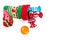 Red santa stocking with three decorative sweets inside and and m