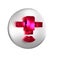 Red Satellite icon isolated on transparent background. Silver circle button.