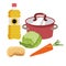 Red saucepan with copper lid. Ingredients for the preparation soup. Cabbage, carrots, sun oil. Icon for the Easter theme