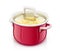 Red saucepan with lid. Kitchen tableware.