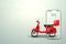 Red scooter drives out of the smartphone on a light background. Delivery concept, online ordering, food delivery, last mile. 3D