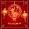 Red Seamless Squama Pattern Background Decorated with hanging Golden Rat Zodiac Sign and Lanterns for Year Of The Rat, Happy