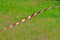 Red security warning ribbon on green grass, windy environment,