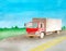 The red semi-truck driving on an asphalt gray road with two continuous lanes. in watercolor style. Background landscape of field