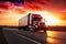 A red semi truck going down an interstate highway with sunrise ang America flag