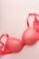 Red sexy bra and panties on pink background. Women sexy underwear set with roses and perfume. Gift Idea for Womens Day or Valentin