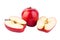 Red shiny apples whole apple and cut in halves on white background