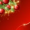 Red shiny background with Christmas decorations, decorative spruce branches, golden stars , holiday Merry X-mas and Happy New Year